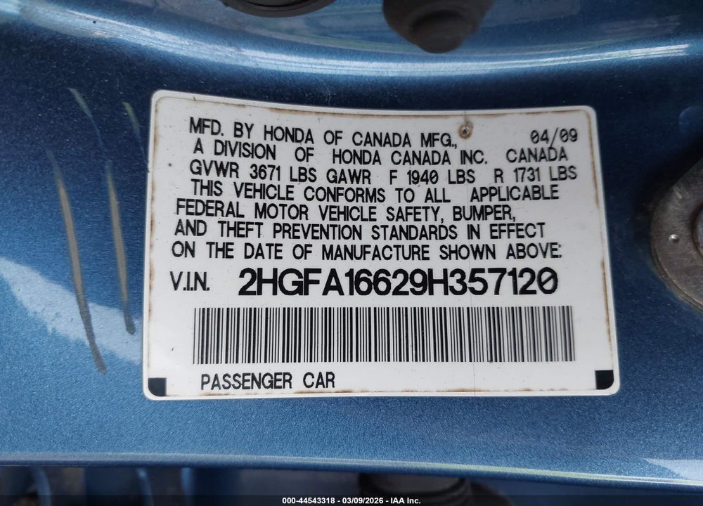 2009 HONDA CIVIC LX-S VIN: 2HGFA16629H357120