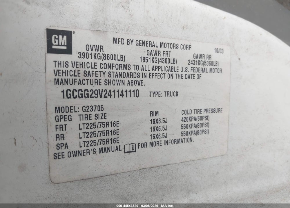 2004 CHEVROLET EXPRESS VIN: 1GCGG29V241141110
