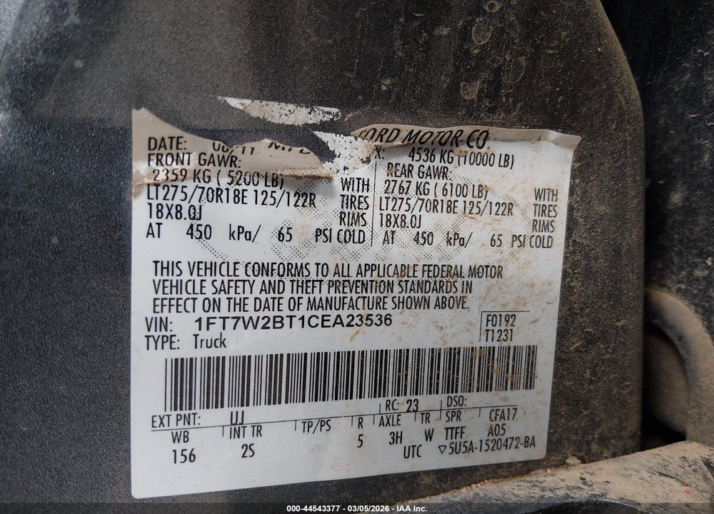 2012 FORD F-250 XLT VIN: 1FT7W2BT1CEA23536
