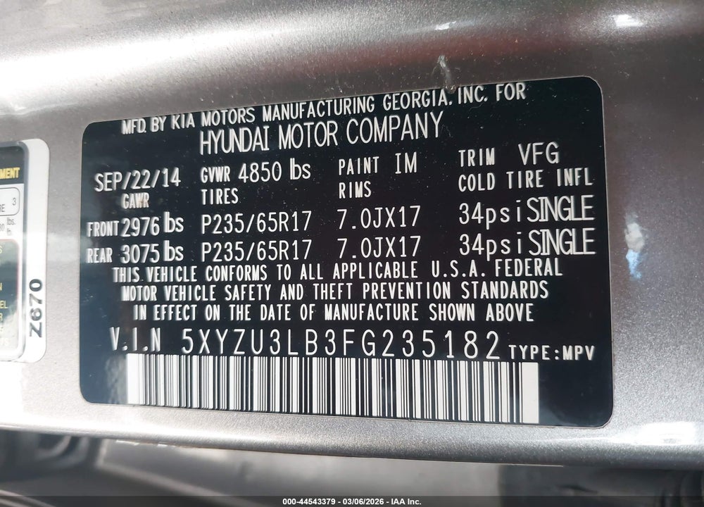 2015 HYUNDAI SANTA FE SPORT 2.4L VIN: 5XYZU3LB3FG235182