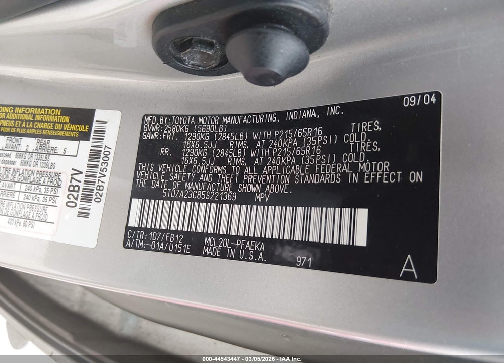 2005 TOYOTA SIENNA LE VIN: 5TDZA23C85S221369