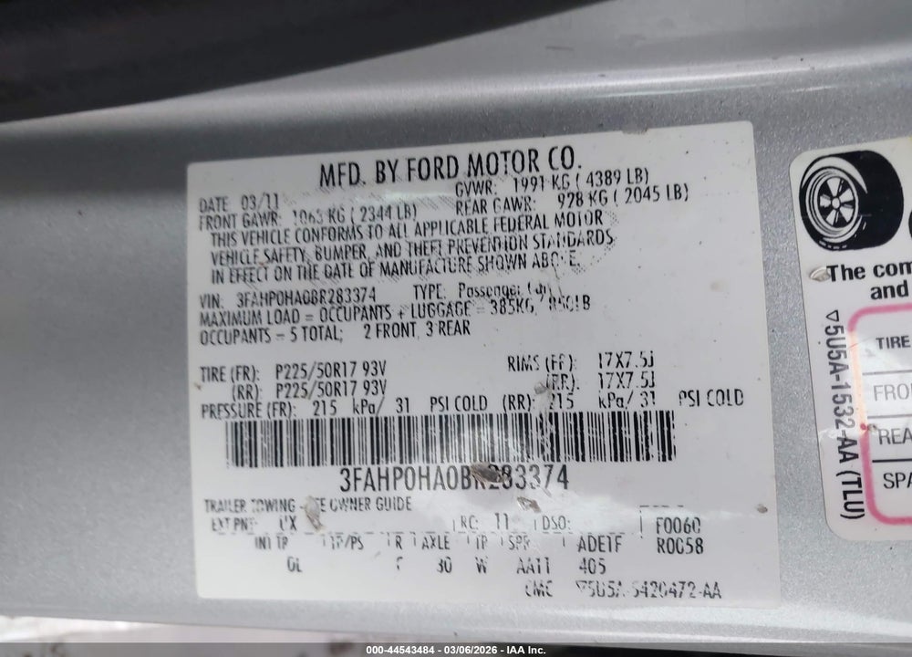 2011 FORD FUSION SE VIN: 3FAHP0HA0BR283374