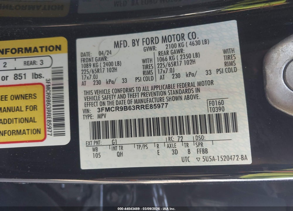 2024 FORD BRONCO SPORT BIG BEND VIN: 3FMCR9B63RRE85977