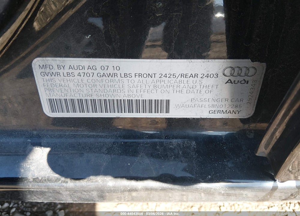 2011 AUDI A4 2.0T PREMIUM VIN: WAUAFAFL5BN012285