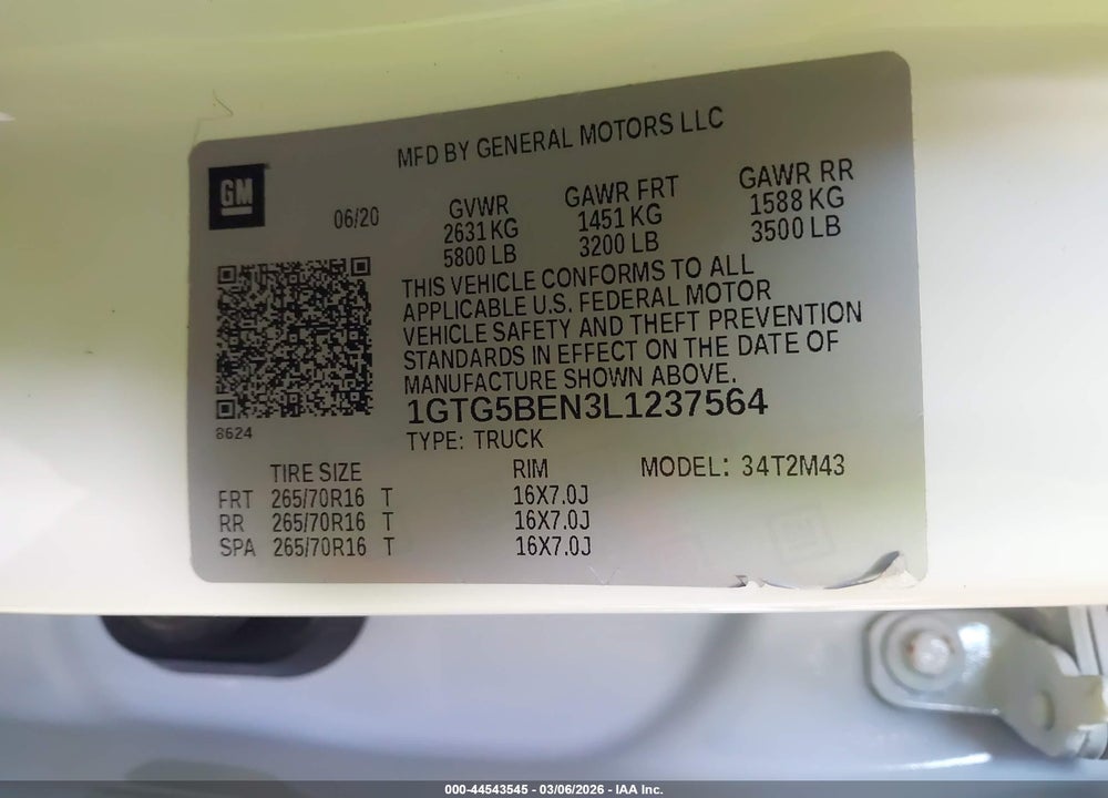 2020 GMC CANYON 2WD  SHORT BOX VIN: 1GTG5BEN3L1237564