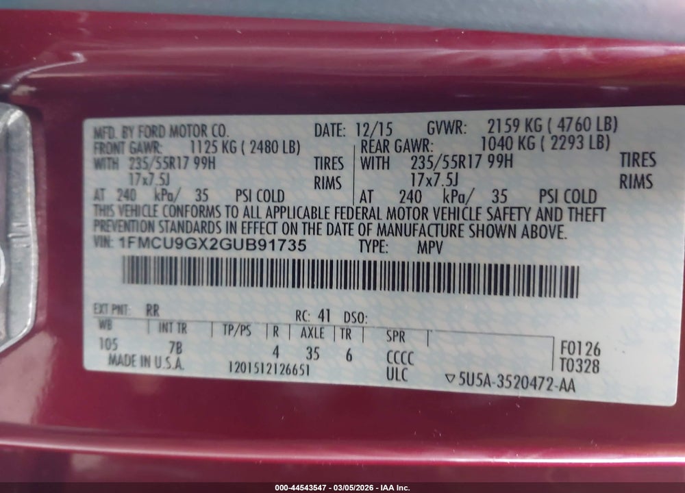 2016 FORD ESCAPE SE VIN: 1FMCU9GX2GUB91735