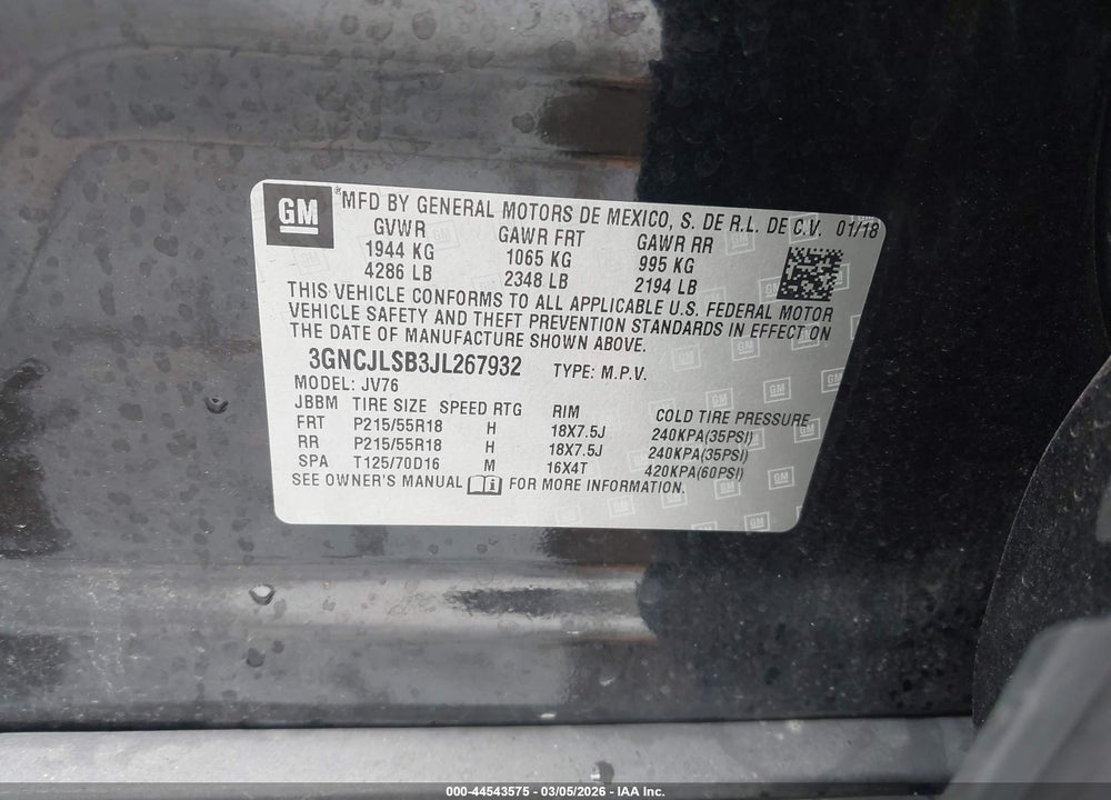 2018 CHEVROLET TRAX LT VIN: 3GNCJLSB3JL267932