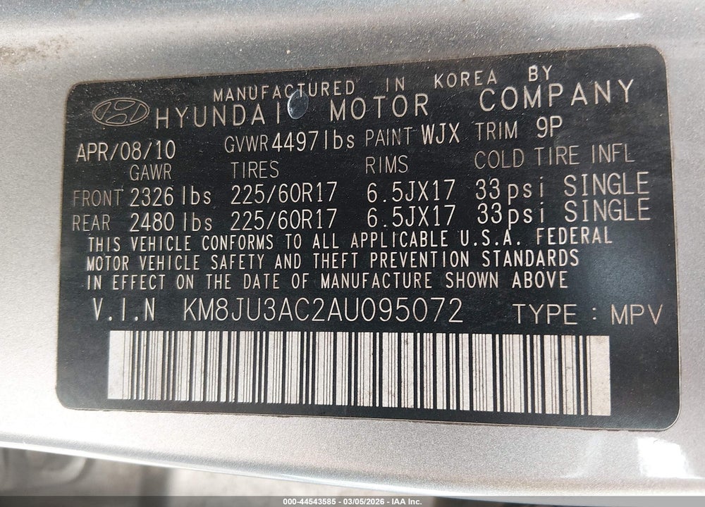 2010 HYUNDAI TUCSON GLS VIN: KM8JU3AC2AU095072
