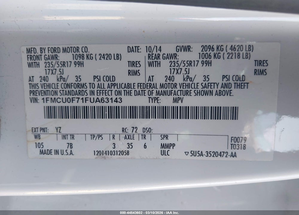 2015 FORD ESCAPE S VIN: 1FMCU0F71FUA63143