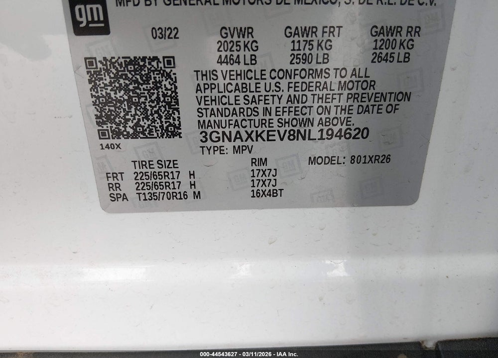 2022 CHEVROLET EQUINOX FWD LT VIN: 3GNAXKEV8NL194620