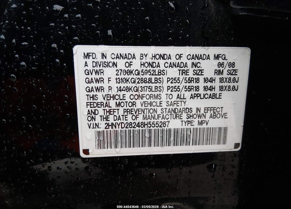 2008 ACURA MDX VIN: 2HNYD28248H555267