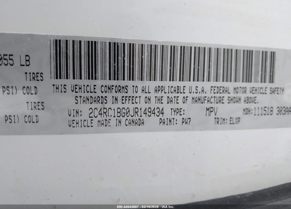 2018 CHRYSLER PACIFICA TOURING L VIN: 2C4RC1BG0JR149434