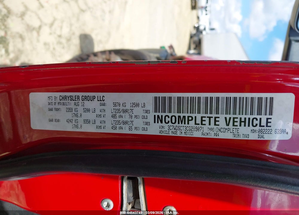 2012 RAM 3500 CHASSIS ST/SLT/LAIE VIN: 3C7WDSCT3CG289071