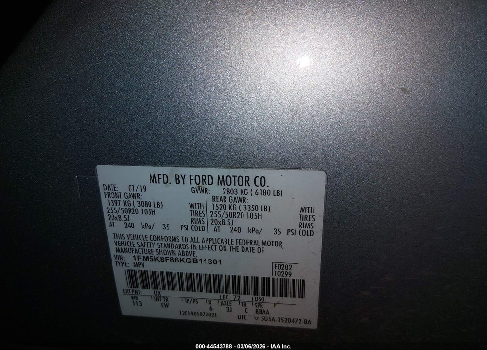2019 FORD EXPLORER LIMITED VIN: 1FM5K8F86KGB11301