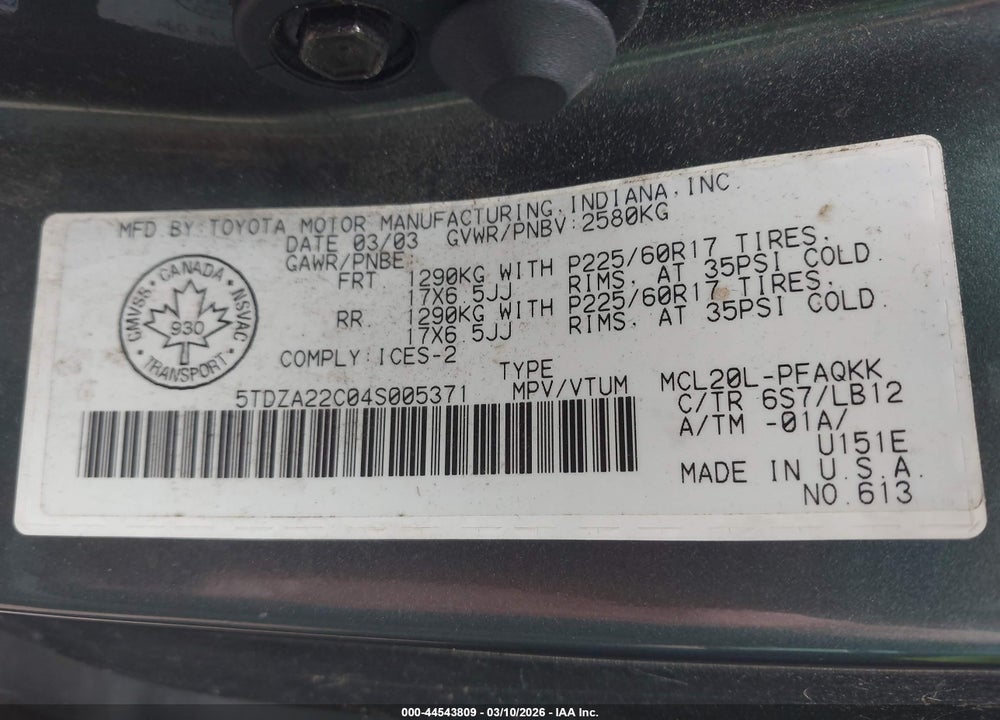 2004 TOYOTA SIENNA XLE/XLE LIMITED VIN: 5TDZA22C04S005371