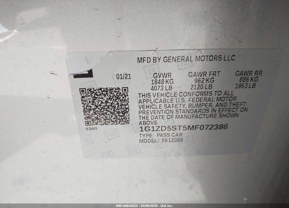 2021 CHEVROLET MALIBU FWD LT VIN: 1G1ZD5ST5MF072386
