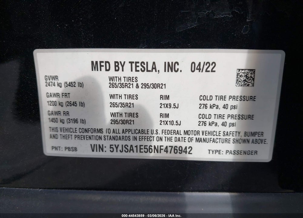 2022 TESLA MODEL S DUAL MOTOR ALL-WHEEL DRIVE VIN: 5YJSA1E56NF476942