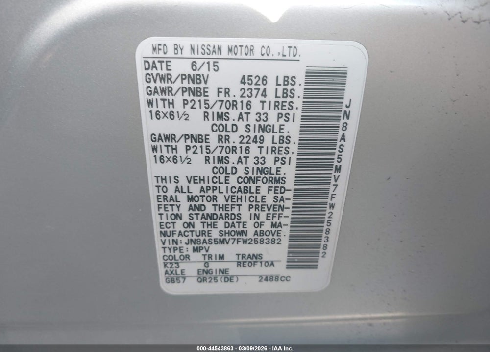 2015 NISSAN ROGUE SELECT VIN: JN8AS5MV7FW258382