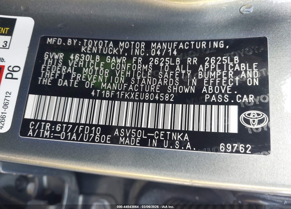 2014 TOYOTA CAMRY LE VIN: 4T1BF1FKXEU804582