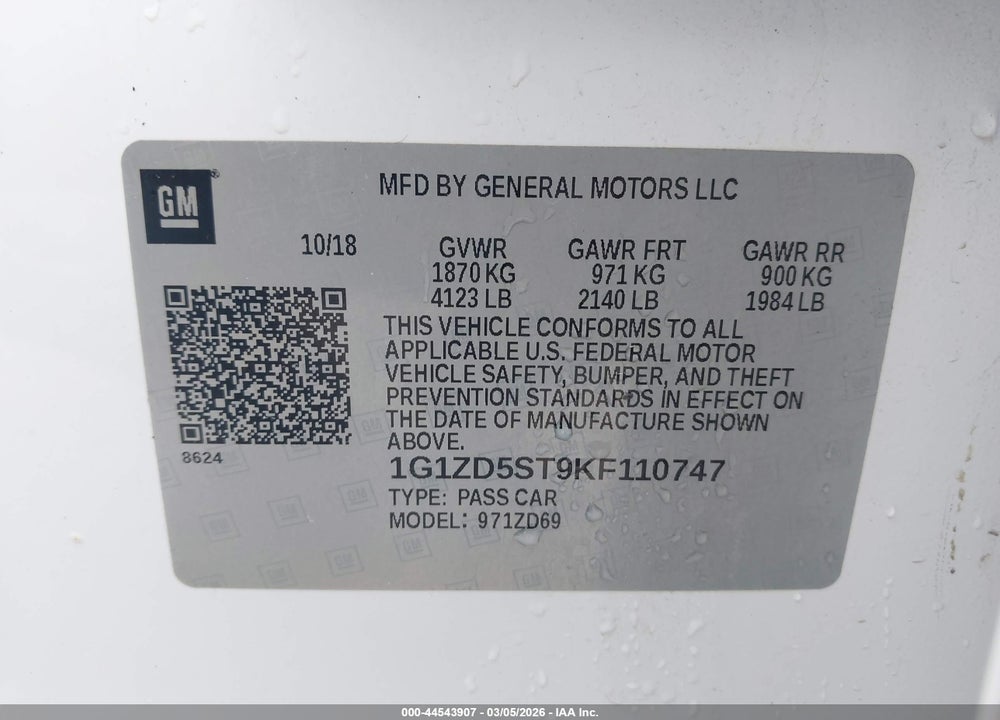 2019 CHEVROLET MALIBU LT VIN: 1G1ZD5ST9KF110747