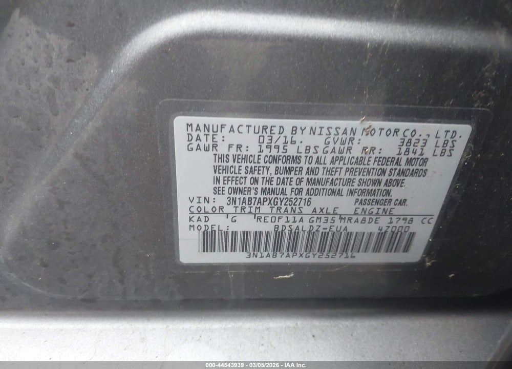 2016 NISSAN SENTRA SV VIN: 3N1AB7APXGY252716