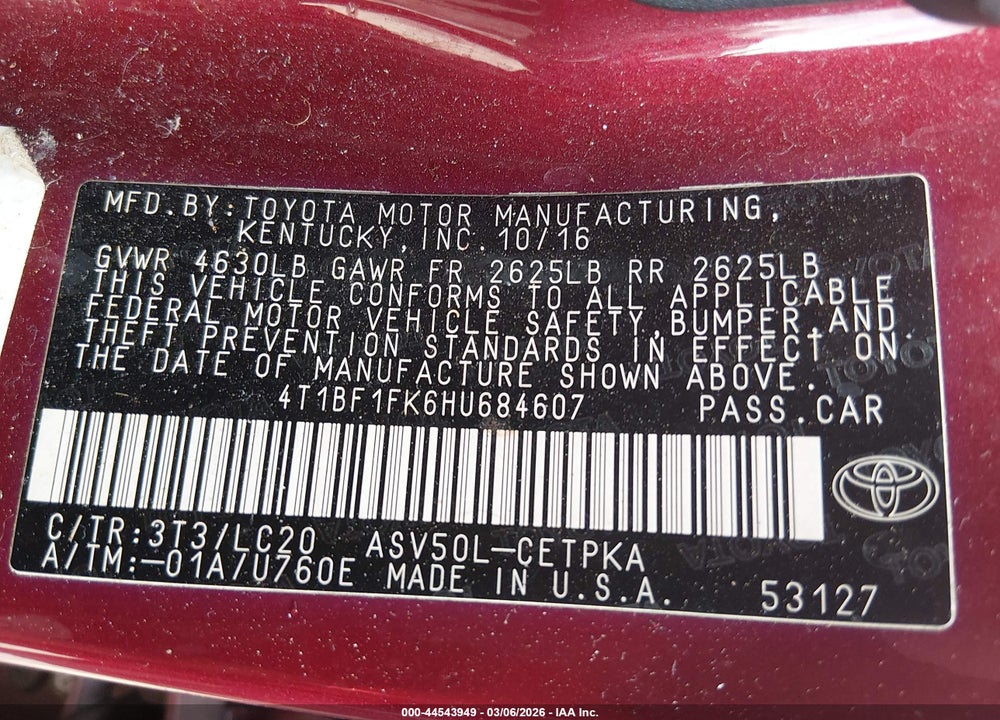 2017 TOYOTA CAMRY XSE VIN: 4T1BF1FK6HU684607