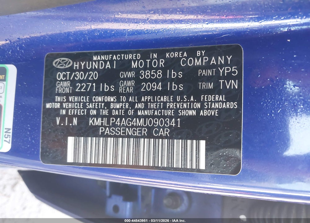 2021 HYUNDAI ELANTRA LIMITED VIN: KMHLP4AG4MU090341