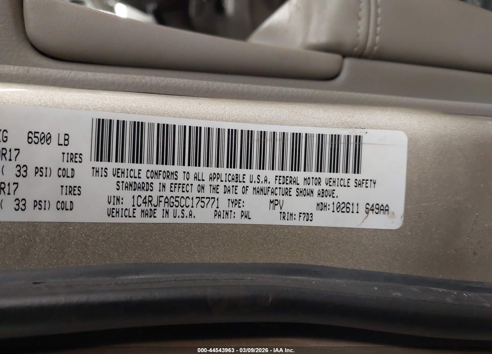 2012 JEEP GRAND CHEROKEE LAREDO VIN: 1C4RJFAG5CC175771