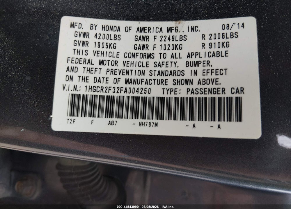 2015 HONDA ACCORD VIN: 1HGCR2F32FA004250