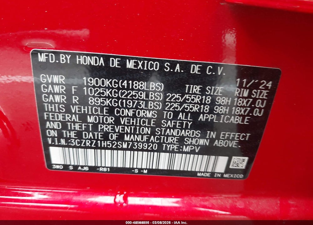 2025 HONDA HR-V 2WD SPORT VIN: 3CZRZ1H52SM739920