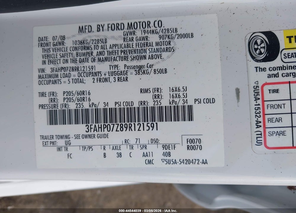2009 FORD FUSION SE VIN: 3FAHP07Z89R121591