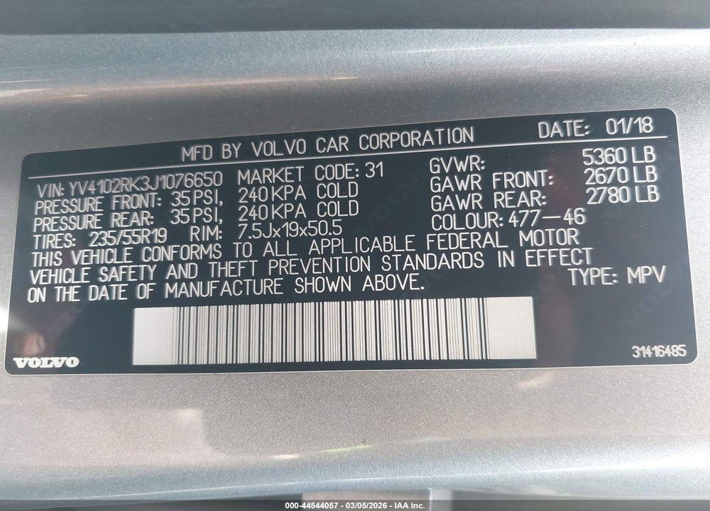 2018 VOLVO XC60 T5 MOMENTUM VIN: YV4102RK3J1076650
