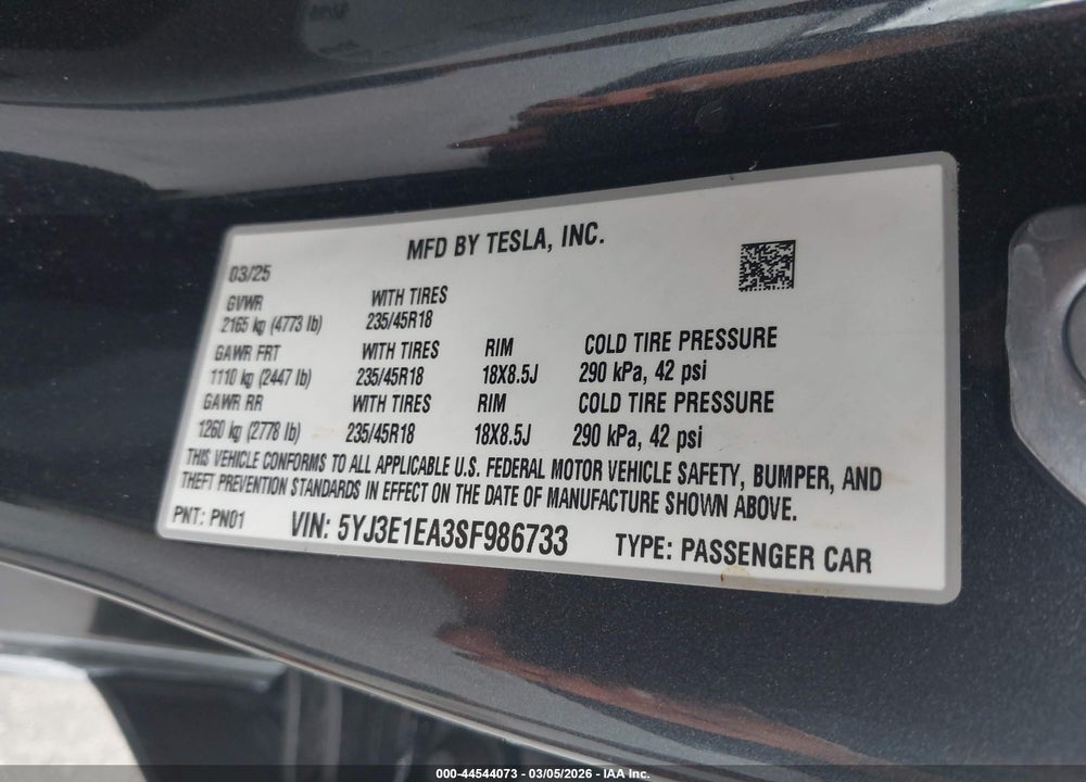 2025 TESLA MODEL 3 LONG RANGE REAR-WHEEL DRIVE/STANDARD REAR-WHEEL DRIVE VIN: 5YJ3E1EA3SF986733