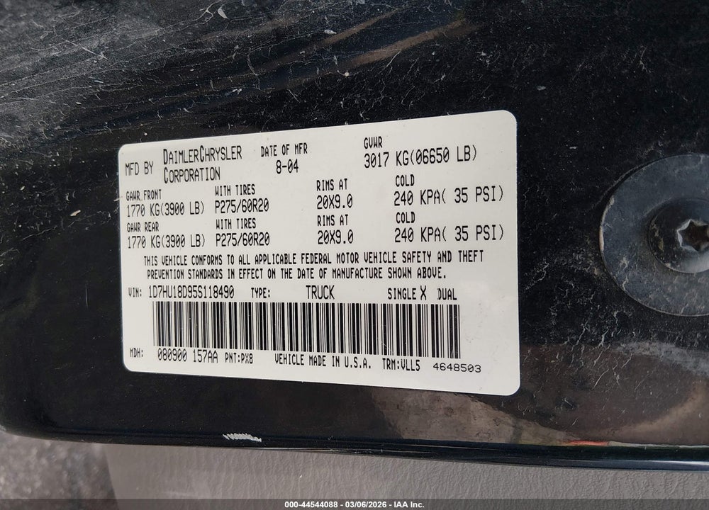 2005 DODGE RAM 1500 SLT/LARAMIE VIN: 1D7HU18D95S118490