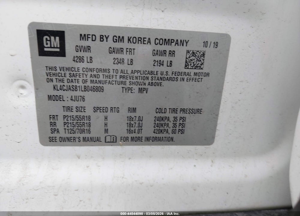 2020 BUICK ENCORE FWD PREFERRED VIN: KL4CJASB1LB046809