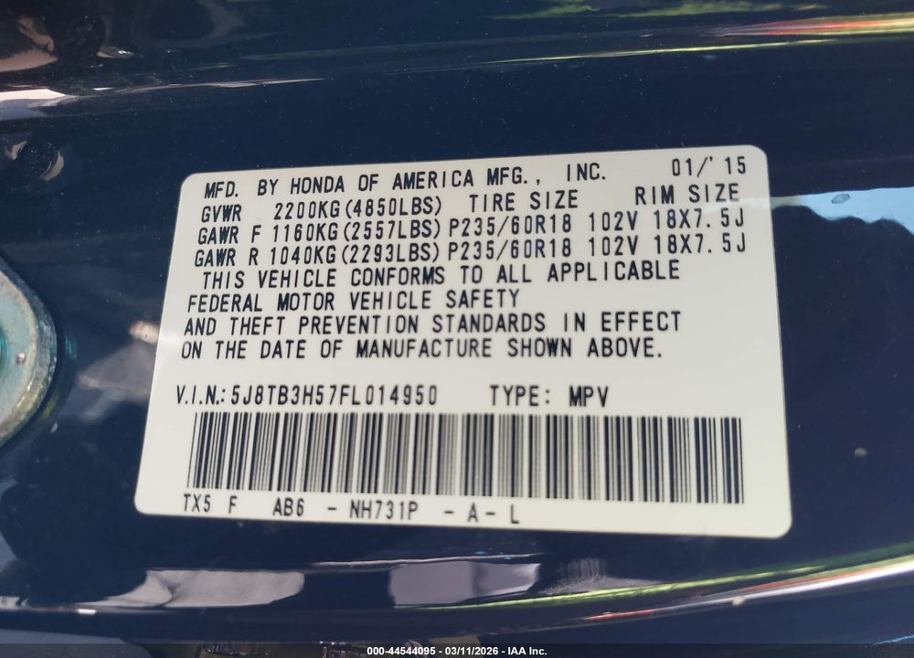 2015 ACURA RDX VIN: 5J8TB3H57FL014950