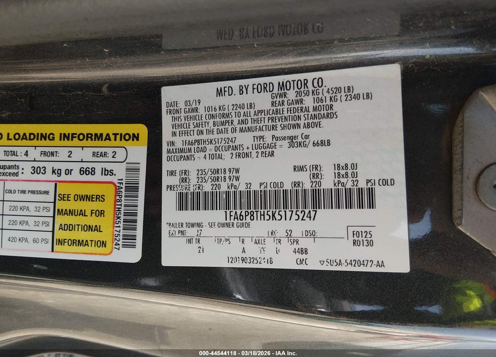 2019 FORD MUSTANG ECOBOOST VIN: 1FA6P8TH5K5175247
