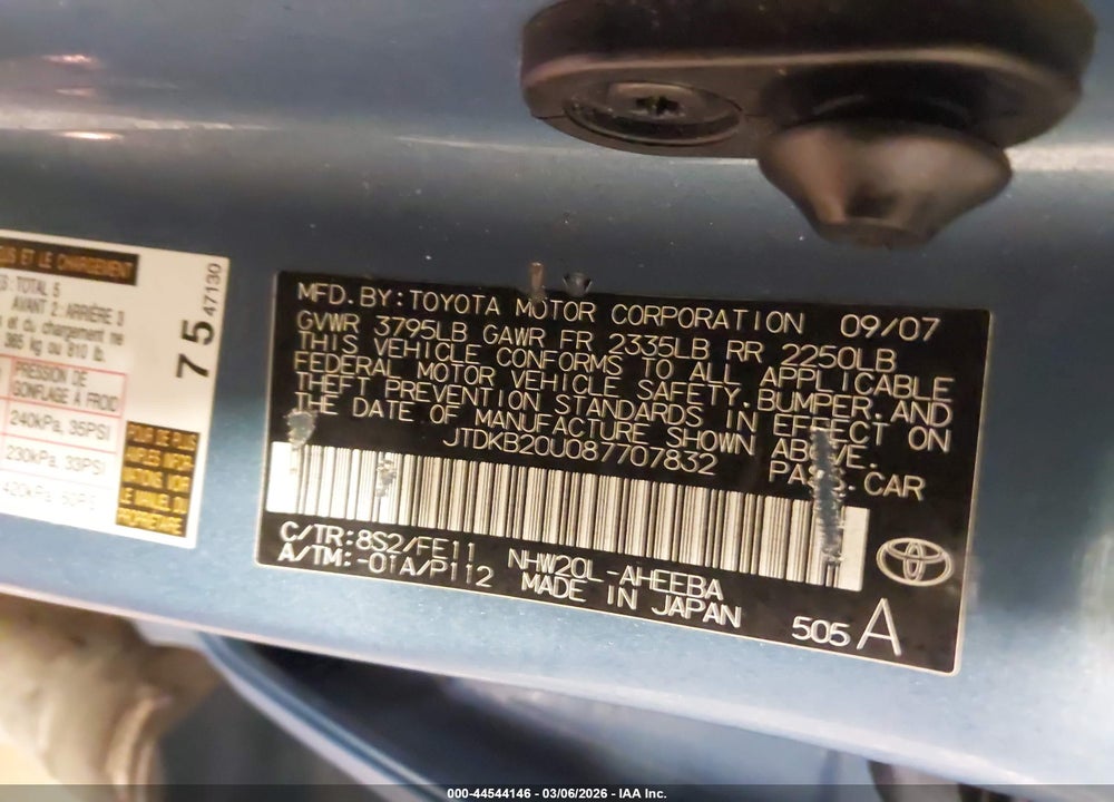 2008 TOYOTA PRIUS VIN: JTDKB20U087707832