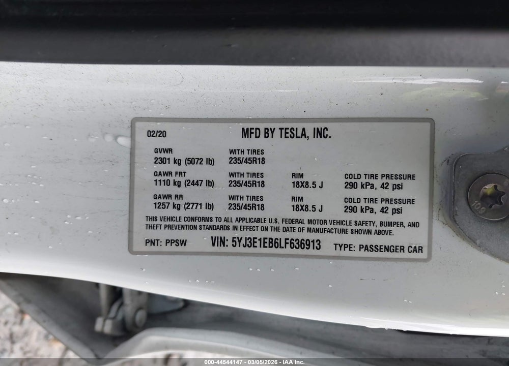 2020 TESLA MODEL 3 LONG RANGE DUAL MOTOR ALL-WHEEL DRIVE VIN: 5YJ3E1EB6LF636913