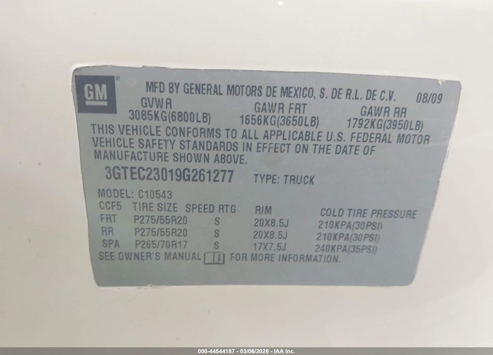 2009 GMC SIERRA 1500 SLE VIN: 3GTEC23019G261277