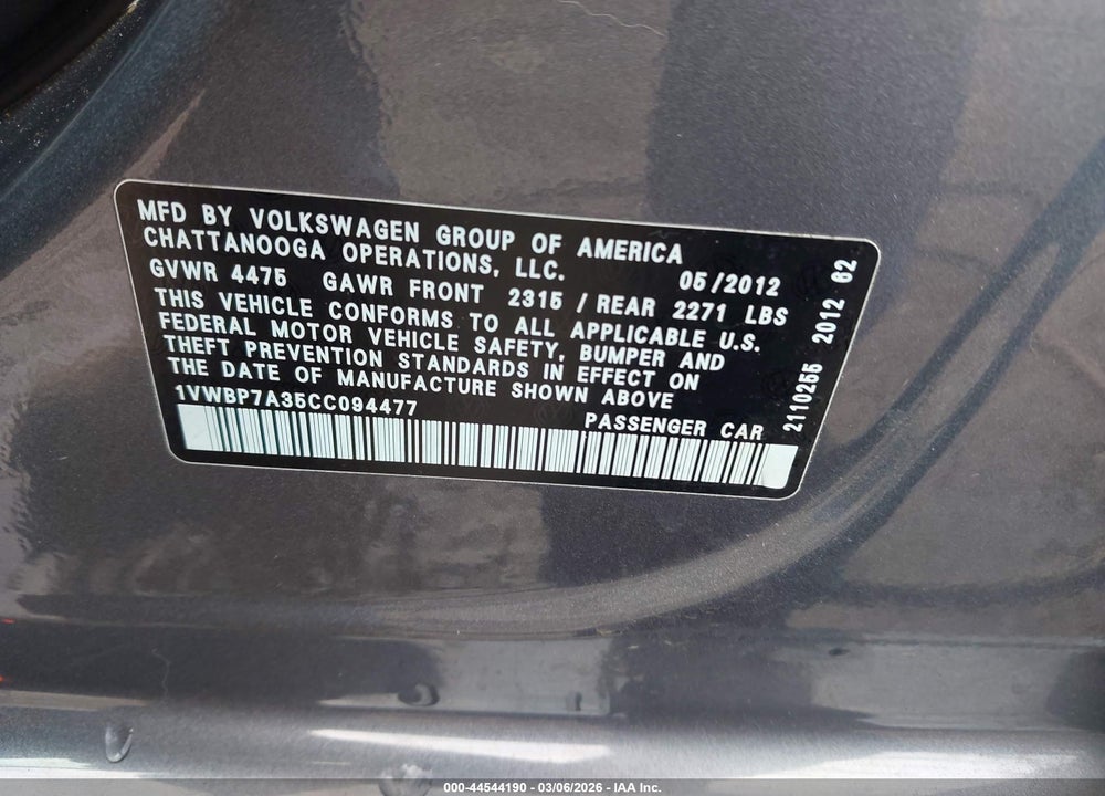 2012 VOLKSWAGEN PASSAT 2.5L SE VIN: 1VWBP7A35CC094477