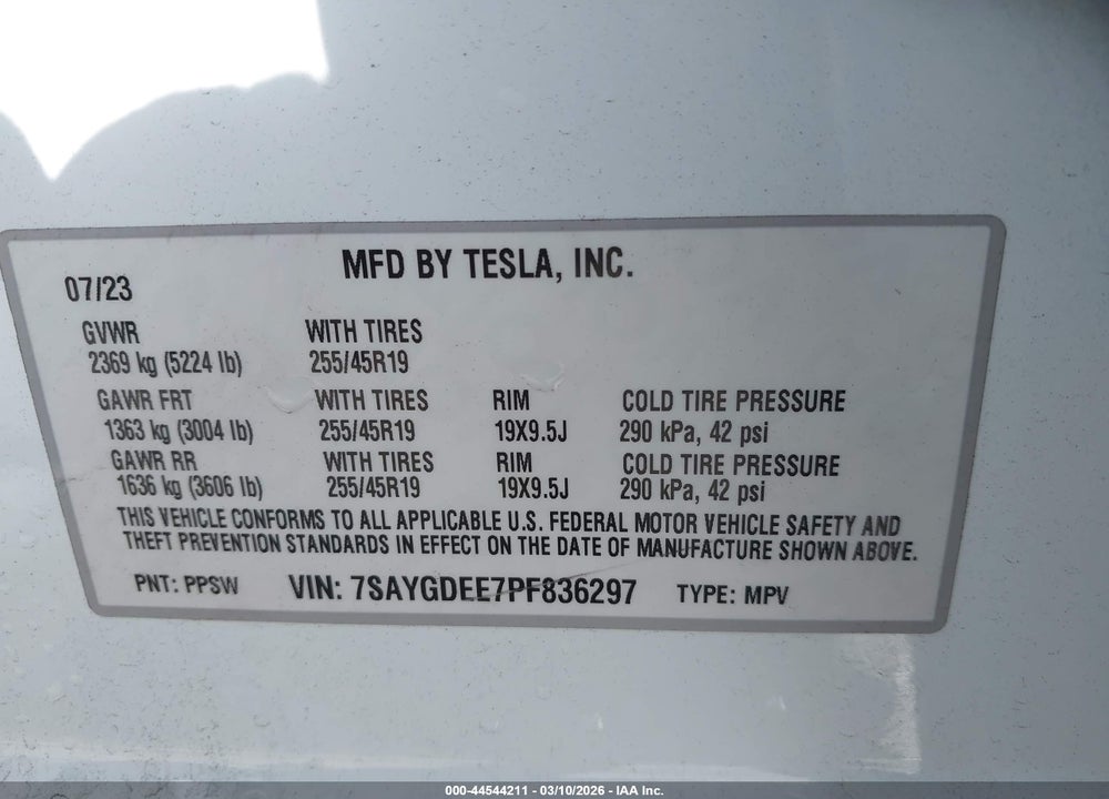 2023 TESLA MODEL Y AWD/LONG RANGE DUAL MOTOR ALL-WHEEL DRIVE VIN: 7SAYGDEE7PF836297