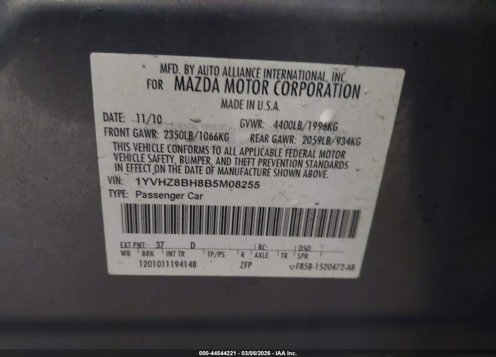 2011 MAZDA 6 I SPORT VIN: 1YVHZ8BH8B5M08255