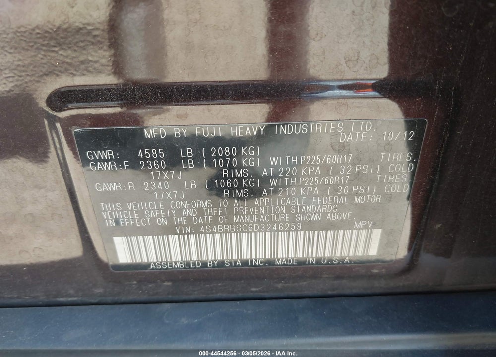 2013 SUBARU OUTBACK 2.5I LIMITED VIN: 4S4BRBSC6D3246259
