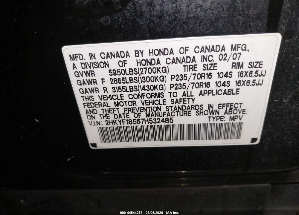 2007 HONDA PILOT EX-L VIN: 2HKYF18567H532485
