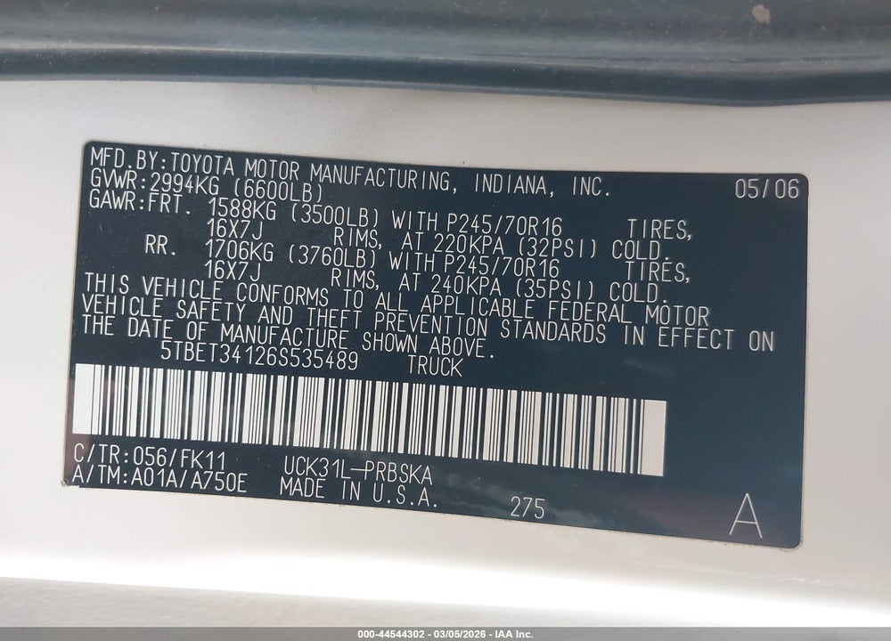 2006 TOYOTA TUNDRA SR5 V8 VIN: 5TBET34126S535489