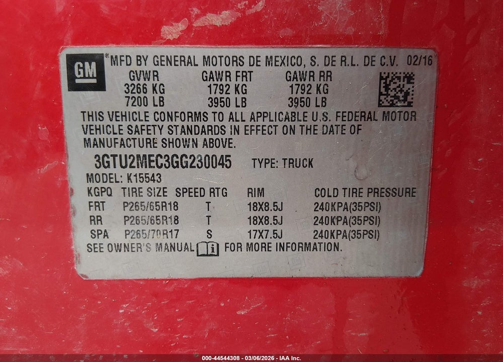 2016 GMC SIERRA 1500 SLE VIN: 3GTU2MEC3GG230045