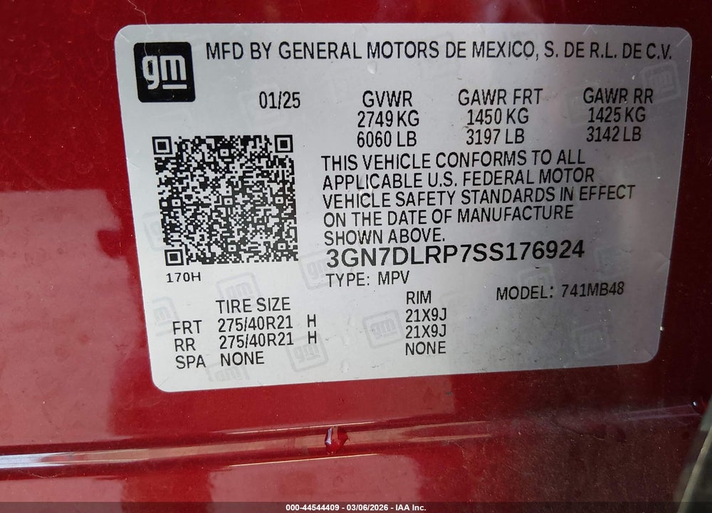 2025 CHEVROLET EQUINOX EV LT VIN: 3GN7DLRP7SS176924