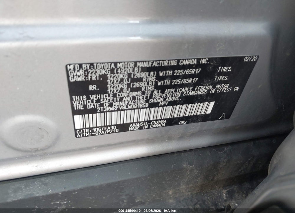 2020 TOYOTA RAV4 HYBRID XLE VIN: 2T3RWRFV8LW081858