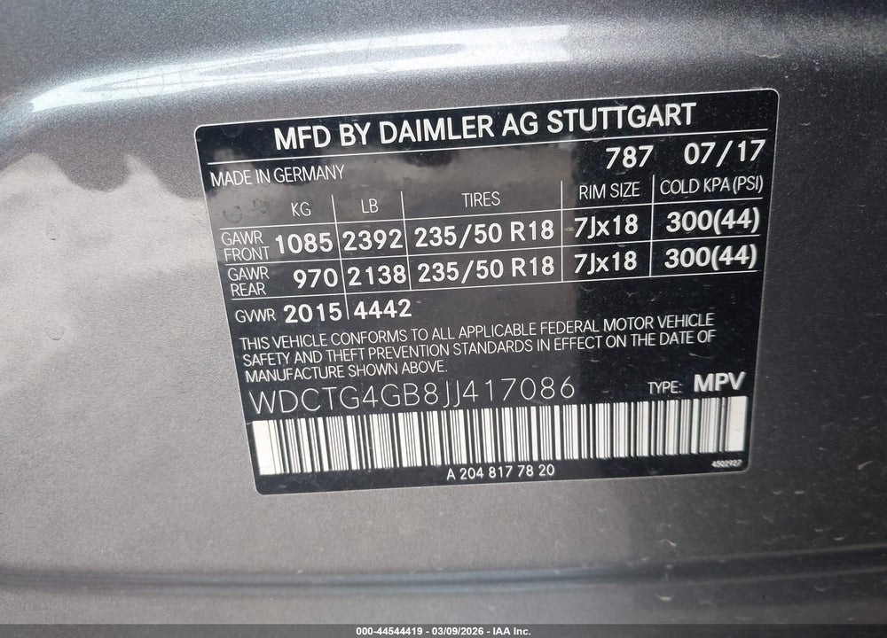2018 MERCEDES-BENZ GLA 250 4MATIC VIN: WDCTG4GB8JJ417086